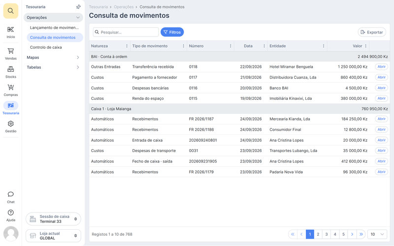 A consulta de movimentos de tesouraria, agrupada por conta bancária e por caixa