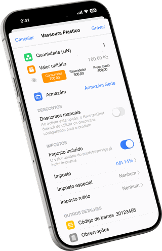 Um produto a ser editado na aplicação KwanzaGest Mobile, com os seus preços, armazém e impostos